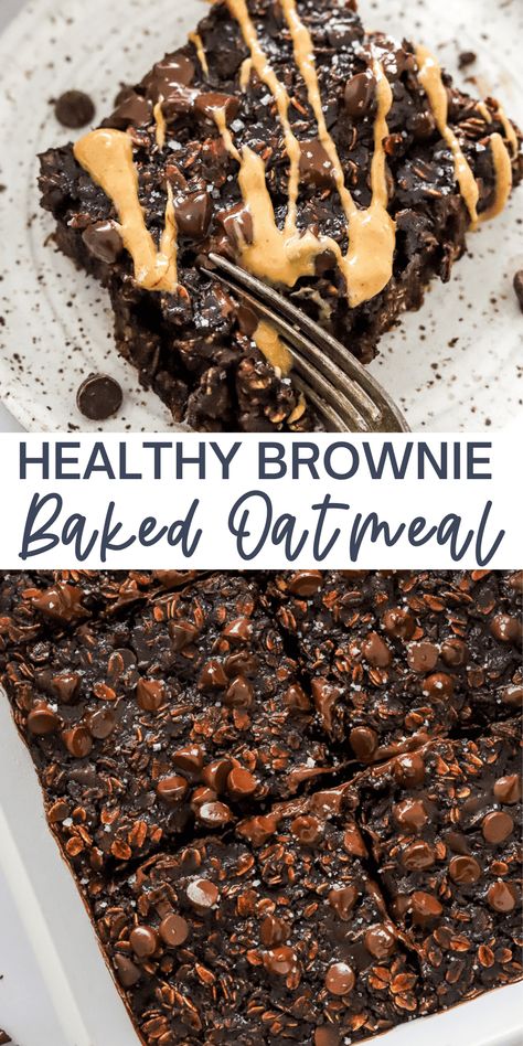 Brownie Baked Oatmeal is a delicious healthy treat you can enjoy for breakfast or a satisfying snack! This Baked Brownie Oatmeal recipe is made by combining oats, cocoa powder, banana, maple syrup, vanilla, and dark chocolate chips for a guilt-free dish that is loaded with fiber and nutrients. Plus, it is vegan, gluten-free, and dairy-free! Cocoa Banana Oatmeal Bake, Baked Oats Peanut Butter Chocolate, Healthy Gut Desserts, Macro Friendly Baked Oats, Paleo Baked Oatmeal, Breakfast With Chocolate, Baked Brownie Oats, Healthy Dessert Breakfast, Healthy Oatmeal Dessert Recipes