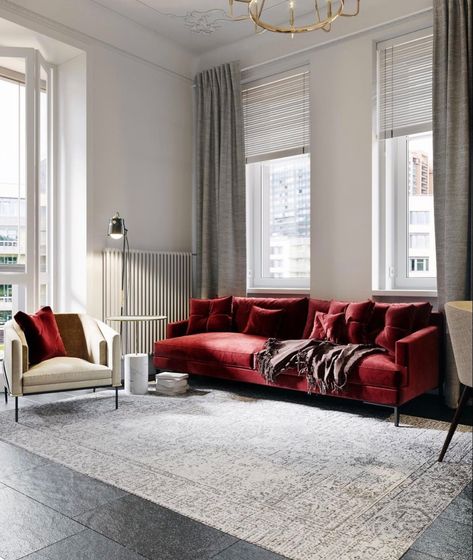 Burgundy Couch Living Room, Red Couch Decor, White Apartment Decor, Red Sofa Living Room, Red Couch Living Room, Modern Traditional Living Room, Red Living Room Decor, Burgundy Living Room, Parisian Interior