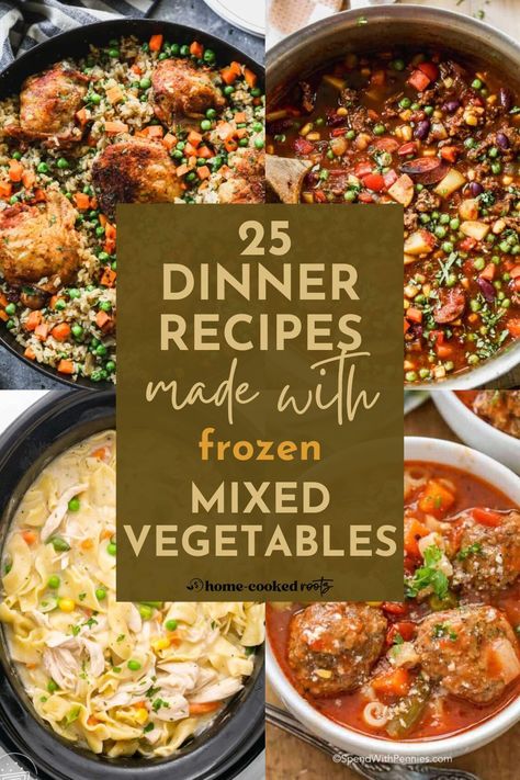 Got a bag of frozen mixed vegetables in the freezer and no idea what you can make with it? I've got you covered with 25 easy, budget-friendly dinner ideas that transform those humble veggies into dinners your family will actually be excited to eat! Crockpot Recipes With Frozen Vegetables, Beef Stew With Frozen Vegetables, Frozen Spinach Recipes Sides Simple, Chicken And Frozen Vegetable Recipes, Homemade Tv Dinners Frozen, Frozen Mixed Veggies Recipes, Frozen Mixed Vegetable Recipes, Spinach Recipes Side, Mixed Vegetable Recipes