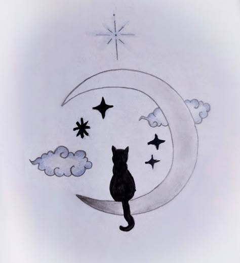 Cute Moon Drawings Simple, Cat On A Moon Drawing, Cat On The Moon Drawing, Easy Cat Drawing Simple, Simple Cat Drawing, Cat Drawing Tutorial, Drawing Stars, Pencil Sketching, Plain Background