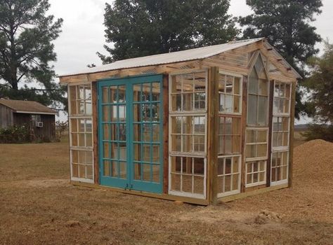 Greenhouse Made From Old Doors, Upcycle Window Greenhouse, Greenhouse Out Of Old Doors, Greenhouse Made From Old Windows And Doors, Homemade Greenhouse Old Windows, Green House Old Windows Diy, Diy Greenhouse Plans With Old Windows, Diy Green House With Old Windows, Antique Window Greenhouse