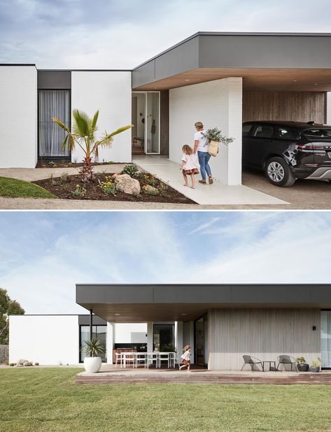 This single story modern home has an exterior palette of painted bricks and rough sawn timber, that are contrasted with black window frames and dark fascias. Palm Springs Inspired Home, Mid Century Modern Homes Exterior, Modern Australian Home, Light Oak Floors, Black Window Frames, Timber Frame House, Single Story Homes, Rural House, Modern House Facades