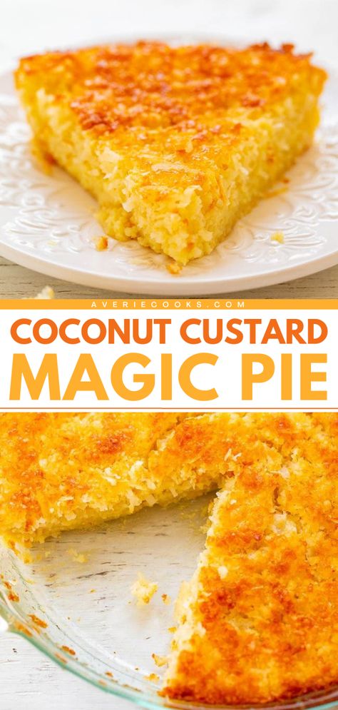 Get ready for this Coconut Custard Magic Pie! It's so easy and goof-proof. With three delicious layers, this impossible coconut pie is a spring baked good everyone will go crazy for. Put this crustless coconut pie recipe on your summer dessert ideas! Crustless Coconut Pie Recipe, Magic Pie, Impossible Coconut Pie, Impossible Pies, Coconut Pie Recipe, Appetizers Fruit, Custard Pie Recipe, Coconut Custard Pie, Averie Cooks