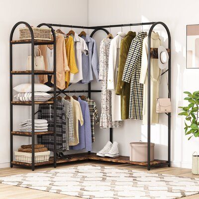 17 Stories L Shape Corner Garment Rack With Storage Shelves And Hanging Rods | Wayfair Corner Closet Organizer, Rolling Clothes Rack, Corner Closet, Metal Clothes Rack, Closet Rack, Open Wardrobe, Clothes Hanging, Closet Organizing Systems, Open Closet