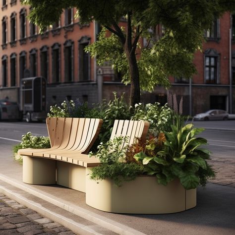 Site Furniture Landscape, Plant Box Design, Urban Furniture Bench, Organic Seating, Bench Outside, Urban Planters, Street Bench, Urban Greenery, Outside Benches