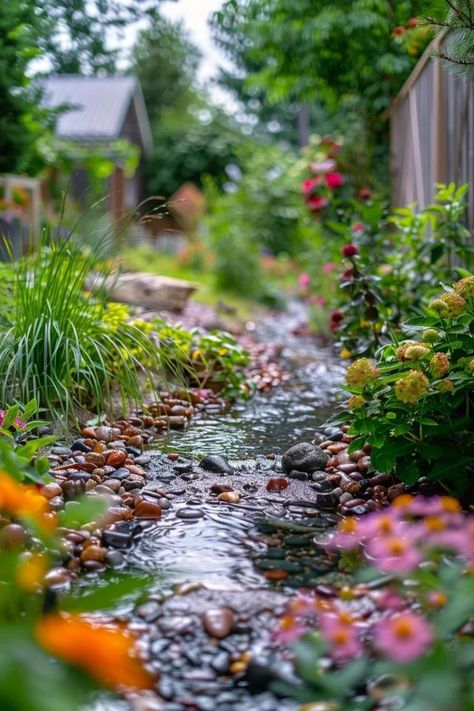 Small Garden Stream Ideas for Your Backyard Haven Cottage Water Feature, Garden Creek Ideas, How To Build A Stream In Your Yard, Stream Decorations Ideas, Man Made Stream In Yard, Backyard Stream Ideas, Small Creek In Backyard, Backyard Stream Landscaping, Garden Stream Ideas