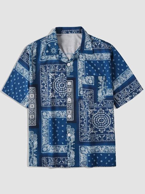 Men Paisley Print Button Up Shirt | SHEIN Mens Monogram, Paisley Scarf, Casual Man, Streetwear Shirts, Men Fashion Casual Shirts, Paisley Shirt, Tee Designs, Paisley Scarves, Fashion Suits For Men