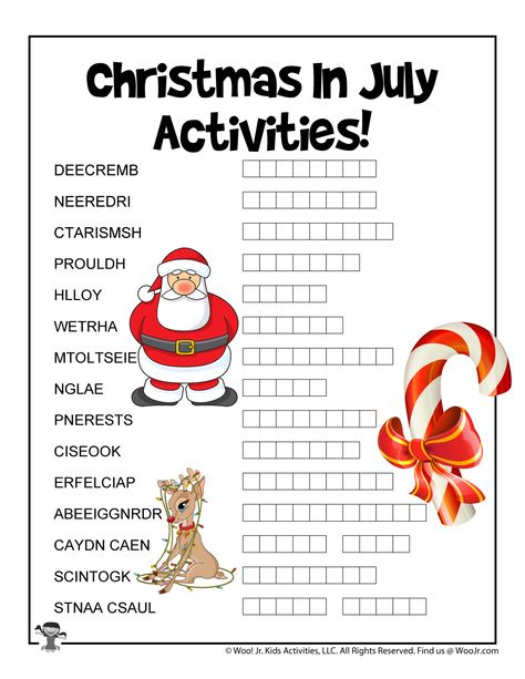 Word Scramble Christmas in July | Woo! Jr. Kids Activities : Children's Publishing July Activities For Seniors, Christmas In July Activities, July Activities, Activities For Seniors, Word Scramble, Christmas Games, Celebrate Christmas, Christmas In July, Kids Activities