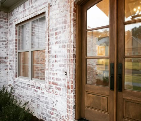 Here are the 43 BEST German Schmear Projects Around! Gorgeous German Smear - an easy & inexpensive brick update! Are YOU Ready to makeover your brick? Ways To Update Brick Exterior, Limewashed Brick Patio, German Smear House Exterior, Cypress Point Brick Ivory Mortar, Brick On Outside Of House, German Schmear Brick Exterior With Siding, Exterior Paint Colors For House With German Smear Brick, Light Lime Washed Brick Exterior, Exterior Brick Renovation