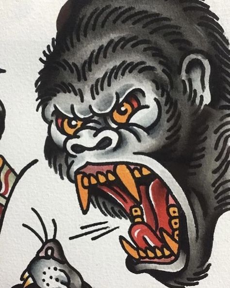 American Trad Gorilla, Old School Monkey Tattoo, Traditional Gorilla Tattoo Design, Old School Gorilla Tattoo, Japanese Traditional Tattoo Stencil, Neo Traditional Gorilla Tattoo, Traditional Ape Tattoo, American Traditional Monkey Tattoo, Japanese Gorilla Tattoo