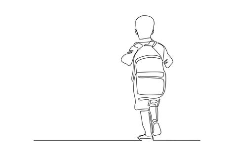 Continuous line drawing of little boy man walking on the street. Concept of student person with bag go to school. Vector illustration Going To School Drawing, Going To School Illustration, Road Drawing, School Lines, School Vector, Architecture Drawing Presentation, Kids Going To School, Face Proportions, Continuous Line Art