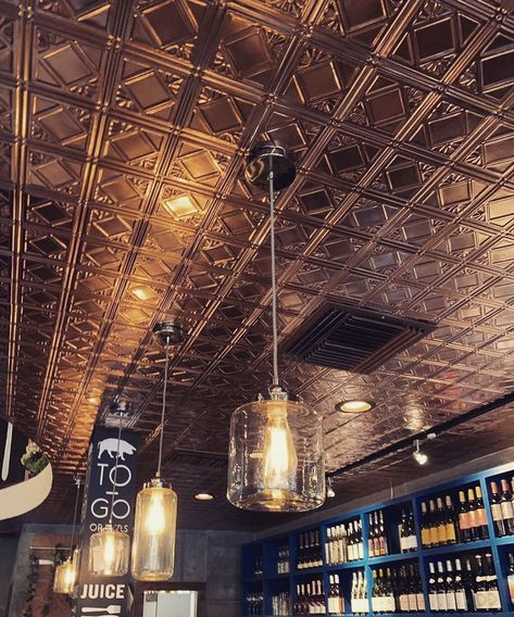 Bar Ceiling Design, Rustic Tin Ceilings, Man Cave Ceiling Ideas, Unique Ceiling Ideas, Celing Light, Bar Ceiling, Tin Ceilings, Faux Tin Ceiling, Salt Room