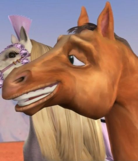 Cursed Cartoon, Cursed Barbie, Barbie Animals, Funny Barbie, Old Barbie Movies, Barbie Princess And The Pauper, Barbie Pets, Barbie Characters, Horse Meme