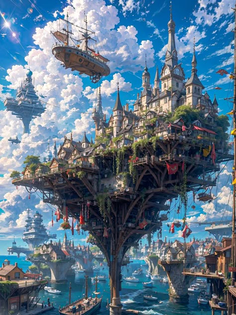 Dnd Town Art, Floating City Concept Art, Sky Kingdom, Magic Steampunk, Fantasy Place, Anime Flower, Sky City, Anime City, Soyut Sanat Tabloları