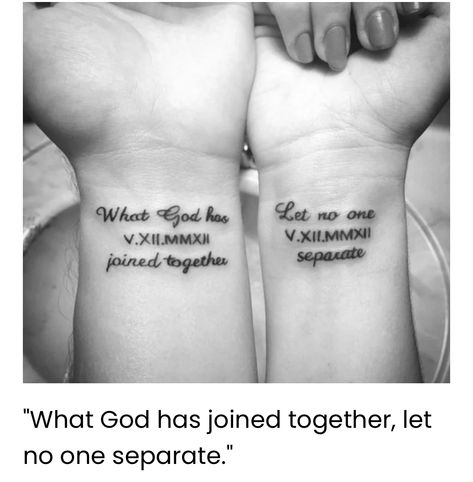 Couples Scripture Tattoos, Matching Bible Tattoos, Christian Couples Tattoos, Biblical Couple Tattoos, Husband And Wife Tattoos Marriage, Matching Spouse Tattoos, Christian Couple Tattoos, Couple Bible Verses, Spouse Tattoos