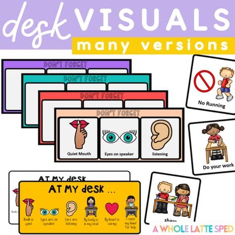 Behavior Visuals- Desk Reminders Desk Plate by A Whole Latte SpEd Behavior Reminders For Desk, Visuals For Special Education, Behavior Visuals, Behavioral Management, Sped Classroom, Self Contained Classroom, Behavior Interventions, Classroom Behavior Management, Teaching Special Education