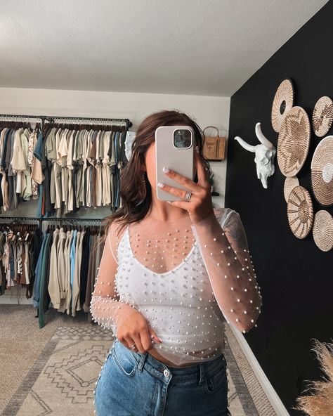 same outfit two ways 🤩🤍 we love this white tank by herself or underneath our lawton pearl mesh top! ✨ #westernfashion #bridalfashion #westernboutique #westernstyle #pearls #bride Pearl Sheer Top, Sheer Pearl Top Outfit, Pearl Top Outfit, Pearl Mesh Top, Pearl Top, Western Boutique, Top Outfit, White Tank, Bridal Style