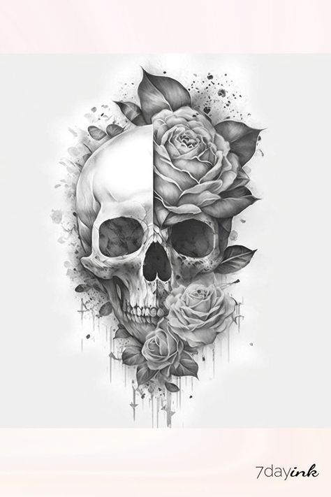 Pretty Skull Tattoos, Skull And Roses Tattoo, Floral Skull Tattoos, Skull Thigh Tattoos, Skull Tattoo Flowers, Unique Half Sleeve Tattoos, Feminine Skull Tattoos, Skull Rose Tattoos, Sketch Style Tattoos