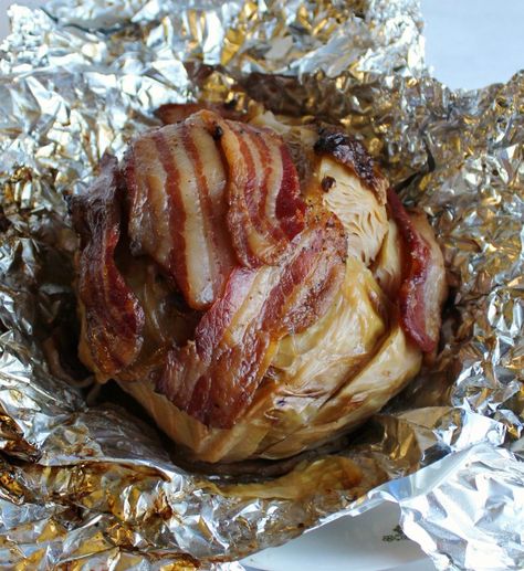 Cabbage Recipe On The Grill, Baked Cabbage With Bacon, Cabbage Wrapped In Bacon, Smoked Cabbage In Smoker, Cabbage On The Grill, Grilled Cabbage Recipes, Bacon Wrapped Cabbage, Smoked Cabbage, Grilled Sides