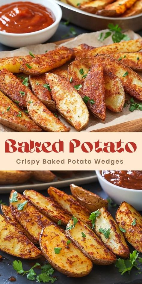 Crispy Baked Potato Wedges with Smoky Chipotle Ketchup Ingredients: 3-4 medium-sized Russet potatoes, scrubbed clean 2-3 tablespoons of olive oil 1 teaspoon paprika (smoked or regular) 1 teaspoon garlic powder 1 teaspoon onion powder Sea salt to taste Black pepper to taste #Baked #Potato Seasoned Wedges, Potato Side Recipes, Chipotle Ketchup, Russet Potato Recipes, Baked Potato Wedges, Crispy Baked Potatoes, Potato Wedges Baked, Baked Potato Recipes, Potato Recipes Side Dishes