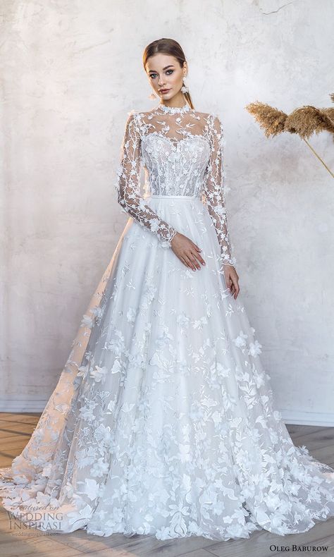 High Neck Long Sleeve Wedding Dress, A Line Ball Gown, Big Wedding Dresses, High Neck Wedding Dress, Wedding Inspirasi, Long Train Wedding Dress, Fancy Wedding Dresses, Bridal Dresses Lace, Long Sleeve Wedding Dress Lace