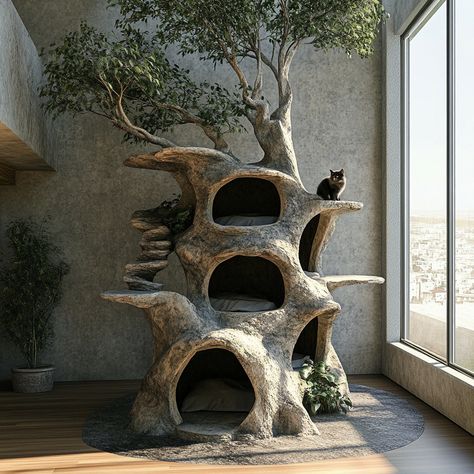 This cat treehouse tower is creatively shaped like a tree, offering your feline a naturalistic playground to climb, explore, and relax. With its sturdy, sisal-wrapped “trunk” and plush, leaf-shaped perches at various heights, this tower mimics the feel of a real tree. Cozy hideaways nestled among the “branches” provide perfect spots for napping, while dangling toys add an element of interactive play. Designed to blend seamlessly into your home décor, this tree-shaped cat tower combines durabi... Cat Tree Home Decor, Cat Tree Blueprints, Rattan Cat Tree, Window Cat Tree, Natural Wood Cat Tree, Stylish Cat Tree, Cat Tower Aesthetic, Driftwood Cat Tree, Cat Tower Diy