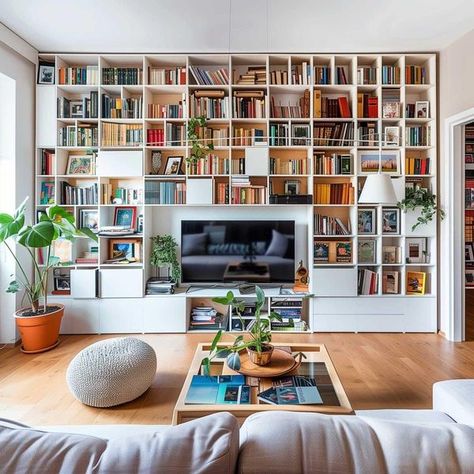 Bookshelves In Living Room With Tv, Living Room Bookshelf Ideas, Bright Airy Living Room, Room Bookshelf Ideas, Tv Living Room Ideas, Bright And Airy Living Room, Living Room With Tv, Room With Tv, Airy Living Room