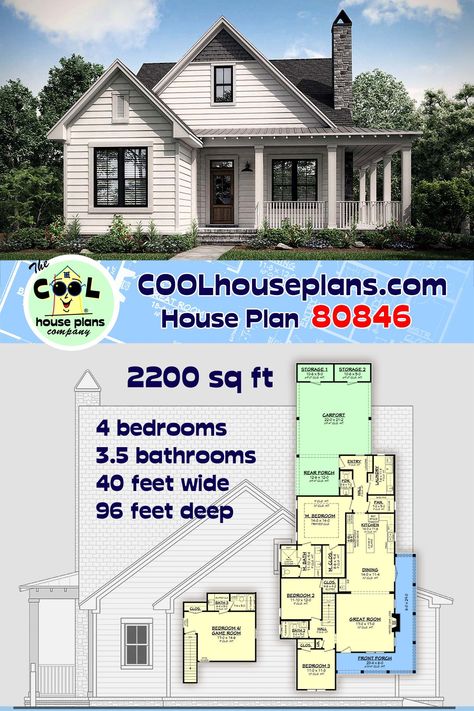 This 40' wide country house plan was designed with a narrow lot in mind. With 4 bedrooms and 3.5 baths and a wraparound porch this plan is functional and versatile while keeping the heated square footage at 2200 s.f. The kitchen has an island for prep and a walk-in pantry for additional storage. In the Main Bedroom Suite you'll find a generous walk in shower and an enclosed toilet room. There are two guest rooms downstairs and a third upstairs that has full height access to the attic. Wide House Plans, Home Plan Drawing, Enclosed Toilet, Wide House, Country Floor Plans, Porch Storage, Wraparound Porch, Architectural Floor Plans, Farmhouse Style House Plans