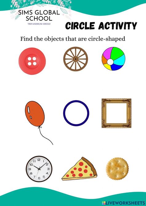 Find The Circle Worksheet, Circle Shaped Objects, Circle Objects, Shapes Worksheet Kindergarten, Worksheet Kindergarten, Time To The Hour, Math Interactive, Shapes Worksheets, Esl Lessons