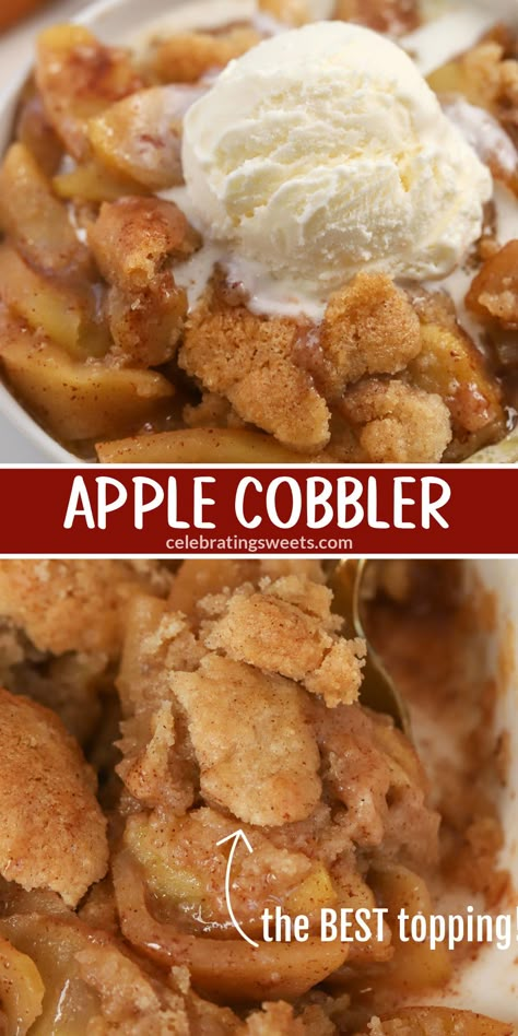 Overhead view of baked Apple Cobbler with a scoop of vanilla ice cream on top. Homemade Apple Cobbler, Apple Cobbler Easy, Cobbler Recipes Easy, Apple Cobbler Recipe, Cobbler Easy, Cobbler Topping, Apple Recipes Easy, Apple Cobbler, Fruit Cobbler