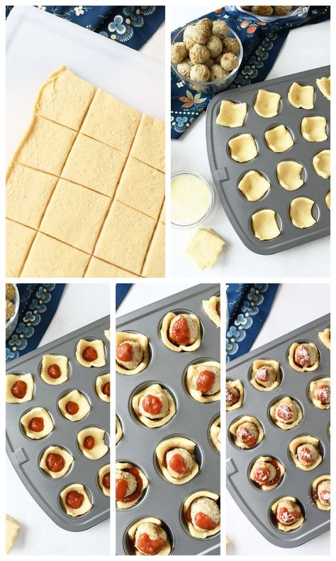 Easy Meatball Bites (Wrapped in Crescent Dough) - Sizzling Eats Meatballs Crescent Rolls, Meatball Pizza Bites, Meatballs Wrapped In Crescent Rolls, Crescent Roll Meatball Appetizers, Meatball Crescent Cups, Cresent Roll Meatball Bites, Meatball Wrapped In Dough, Crescent Pizza Dough Recipes, Crescent Roll Meatball Recipes