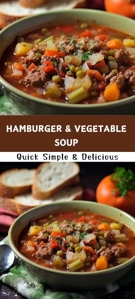 When was the last time you savored a hearty bowl of Grandma's Hamburger & Vegetable Soup? This classic soup recipe is a homemade staple that has been passed down through generations and never fails to impress. Made with simple and wholesome ingredients, this soup is the perfect blend of nostalgia and flavor. Easy Hamburger Soup, Homemade Vegetable Beef Soup, Healthy Hamburger, Hamburger Vegetable Soup, Hamburger Stew, Beef Soup Recipes, Soup With Ground Beef, Veg Soup, Hamburger Soup