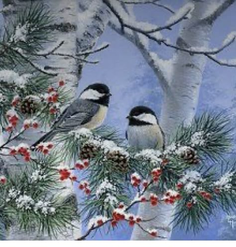 Abraham Hunter Paintings, Wildlife Quilts, Winter Friends, Christmas Canvas Art, Winter Landscape Painting, Hunter Art, Winter Illustration, Bird Paintings, Chickadees