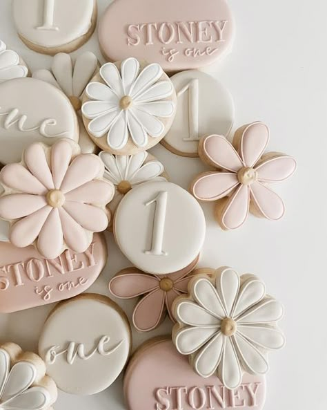 Custom Cookies 1st Birthday, Blush First Birthday Party, Isnt She Onederful Birthday Theme Cookies, First Bday Cookies, Isn’t She Onderful Birthday, 1st Birthday Biscuits, Wildflower 1st Birthday Cookies, Pastel Flower Cookies, Isnt She Wonderful First Birthday Cake