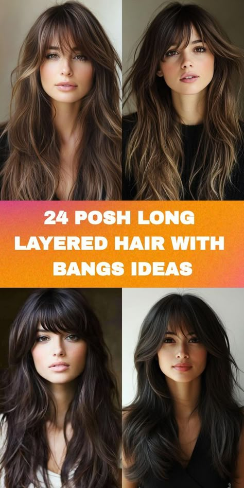 Check out 24 stunning long layered hair with bangs ideas to refresh your hairstyle! These options blend flowing layers with fashionable bangs for a modern and stylish look. Find inspiration and elevate your hair game with these gorgeous styles. Fringe Styles For Long Hair, V Shape Haircut With Curtain Bangs, Layered With Bangs Long Hair, Long Hair Styles With Curtain Bangs, Long Layered Shag With Bangs, Bangs With Long Hair Straight, Longer Bangs With Long Hair, Long Bangs 2024, Textured Bangs Long Hair