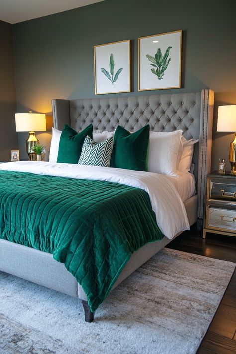 ✨ 15 Stunning Grey Headboards You’ll Fall in Love With! 💖 - Grey Queen Bed Frame, Home Decor Ideas Green And Grey, Grey Bedroom Green Accents, Grey Headboard Green Bedding, Gray Furniture Bedroom Color Combos, Gray And Emerald Green Bedroom, Gray Bed Bedroom Ideas, Bed With Grey Headboard, Light Gray Headboard Bedroom