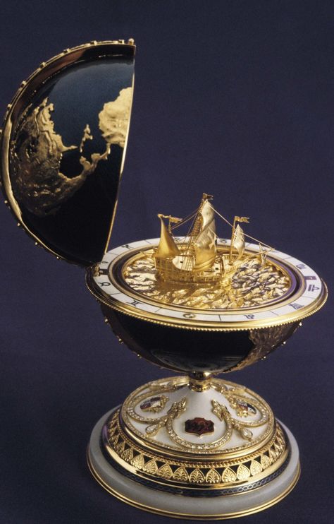 Faberge egg in the shape of a globe with a model of a ship inside (columbus'?). (Photo by: Sovfoto/UIG via Getty Images) Fabrege Eggs, Faberge Egg, A Globe, Faberge Eggs, Egg Art, A Ship, Fantasy Jewelry, Objet D'art, The Shape