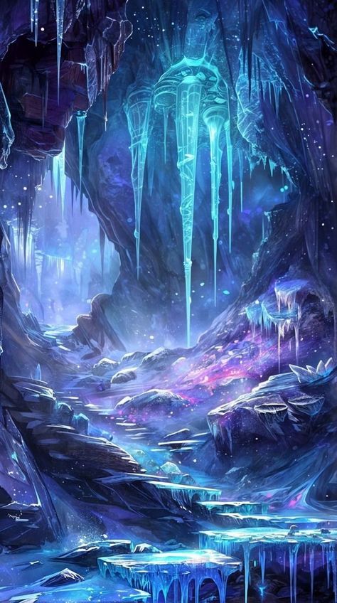 Cave With Stalactites, Crystal Cave Aesthetic, Cave Stalactites, Stalagmites And Stalactites, Snow Cave, Fire And Ice Dragons, Ice Landscape, Ice Kingdom, Crystal Caves