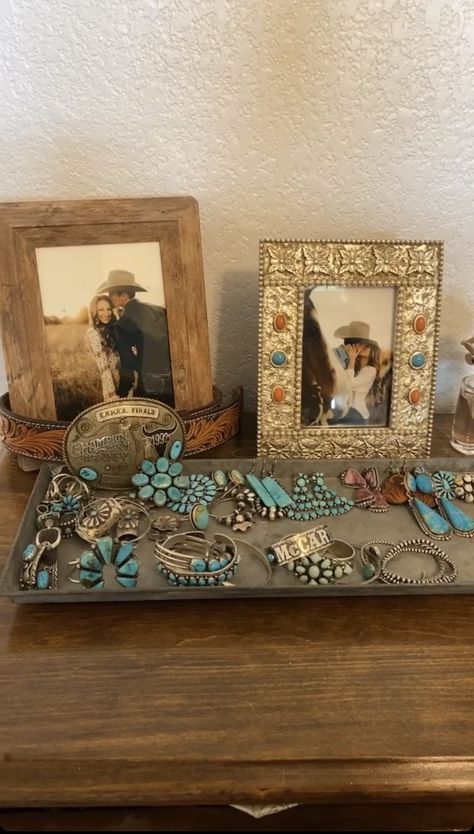 Western Dressing Room Ideas, Jewelry Organizer Western, Western Nightstand Decor, Western Vintage Aesthetic Home, Western Dresser Decor, Punchy Decor, Western Jewelry Holder, Western Desk, Western Room Ideas Bedrooms