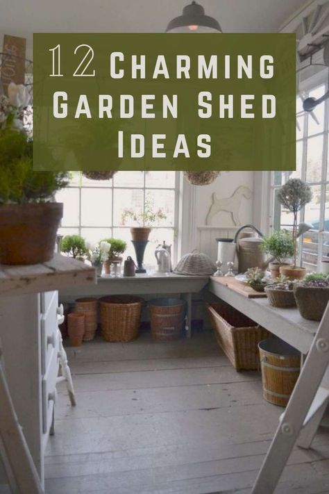 She Shed Potting Shed Interior, Potting Shed Shelves, Garage Potting Shed, Old Potting Shed, Gardening Shed Interiors, Potting Shed Decorating Ideas, Garden She Shed Interior, Landscaping Shed Ideas, Gardening Organization Ideas