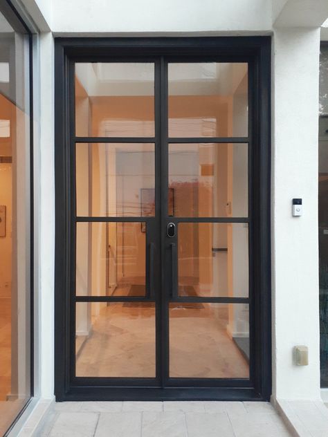 Double Glass Doors Exterior, Modern Glass Entry Door, Modern Front Doors With Glass Panels, Exterior Doors With Glass Panels, Wooden Gates Ideas, Unique Doors Interior, Glass Wooden Door, Iron Double Door, Glass Entry Door