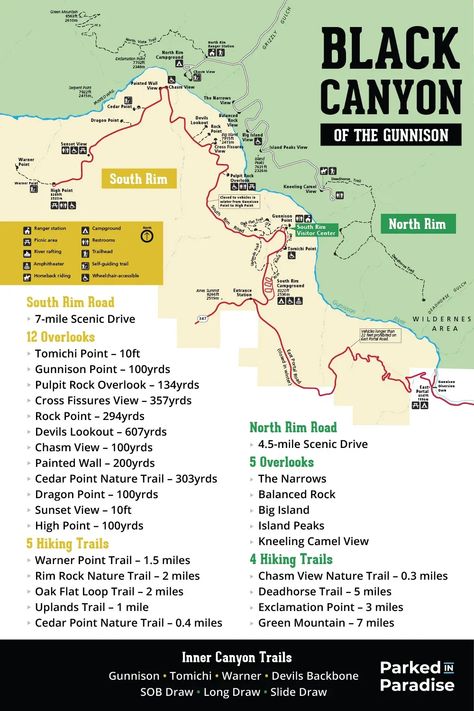 map of black canyon of the gunnison north vs south rim and top things to do in the area including hiking trails, scenic overlooks, photography spots, campsites, wildlife and more! Gunnison Colorado, Colorado National Parks, North Vs South, Black Canyon Of The Gunnison, Gunnison National Park, Utah Camping, Colorado Travel Guide, Travel Colorado, Road Trip To Colorado