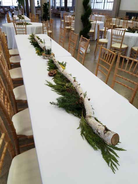 Lantern And Antler Centerpieces, Evergreen Table Decorations, Christmas Centerpiece Long Table, Christmas Long Table Centerpieces, Twigs Centerpieces, Pine Tree Centerpiece, Birch Tree Wedding Decor, Birch Wedding Centerpieces, Skyrim Wedding