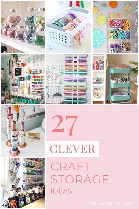 Craft supplies getting a little out of control and in need of some craft storage ideas? Check out 27 clever craft organising solutions at A Visual Merriment | #craftstorage #craftsupplies #craftorganizing #craftroom #organization #handmade #storage #diystorage Organising Craft Supplies, Diy Birthday Party Decorations, Craft Room Organisation, Craft Room Makeover, Craft Supply Storage, Craft Storage Ideas, Arts And Crafts Storage, Craft Storage Organization, Kids Craft Supplies