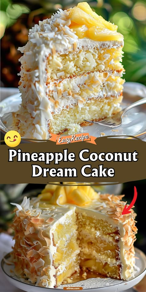 Pineapple Coconut Dream Cake Tropical Coconut Cake, Pineapple Coconut Cake Easy, Coconut Dream Cake, Coconut And Pineapple Cake, Creamy Coconut Cake, Tropical Cake Recipes, Coconut Pineapple Dream Cake, Pineapple Coconut Dream Cake, Pineapple Heaven Cake