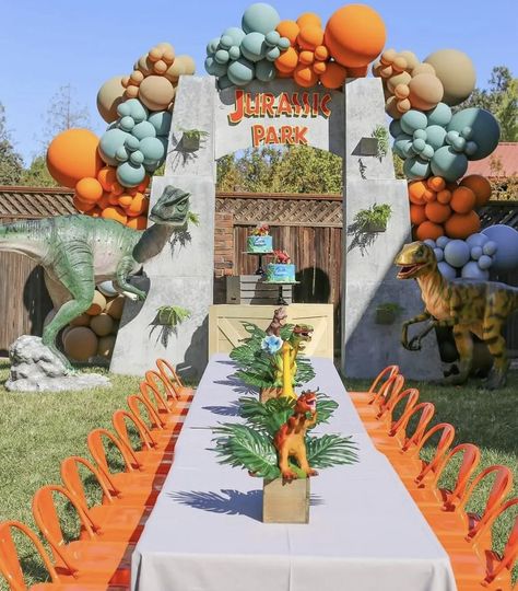 Jurassic Themed Birthday Party, Theme Park Birthday Party, Dinosaur Birthday Party Outside, Dinosaur Party Theme Ideas, Dinosaur Outdoor Birthday Party, Three Rex Birthday Party Backdrop, Dinosaur Park Party, 5 Year Dinosaur Birthday, Dinosaur 4 Birthday Party