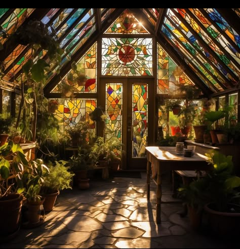 Skylight With Plants, Fairycore House Aesthetic, Garden Conservatory Ideas, Stained Glass Cottage, Stained Glass Shed, Glass Arboretum, Stained Glass Window In House, Cottage Core Greenhouse, Whimsical Sunroom