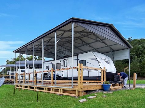 Six Steps to Install RV Covers and the Modern Trends of RV covers Rv Covers With Decks, Rv Covered Parking, Rv Shelter, Rv Deck, Rv Carports, Rv Covers, Pavilion Ideas, Custom Rv, Livestock Trailers