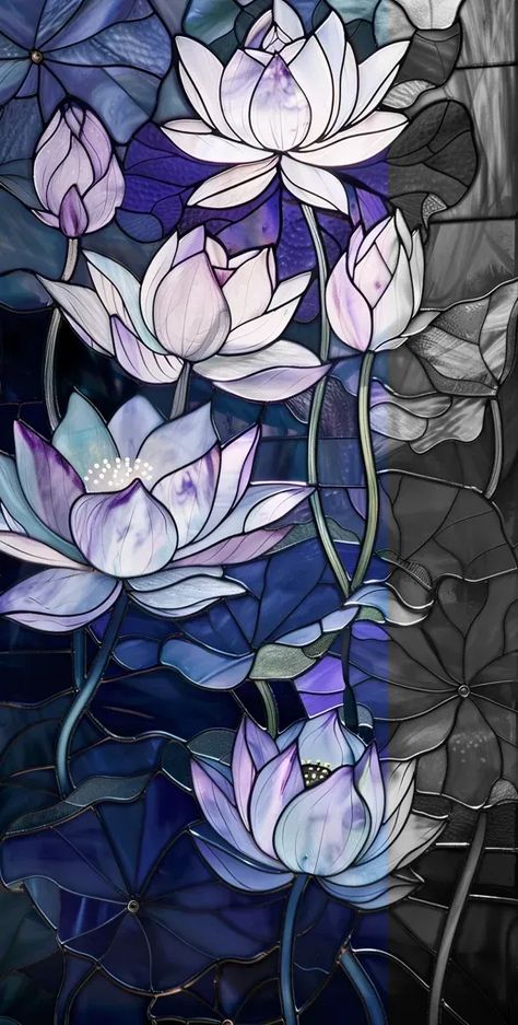 Full Color Image in ai-img-gen.com 🔸 A close up of a stained glass window with lotus flowers in light purple and blue colors, with delica... 🔸 From Midjourney AI Image Floral Stained Glass Windows, Stained Glass Style Painting, Lotus Flower Stained Glass Pattern, Easy Stained Glass Art, Lotus Stained Glass Pattern, Stained Glass Lotus Flower, Stained Glass Patterns Flowers, Flower Stained Glass Patterns, Stained Glass Wallpaper