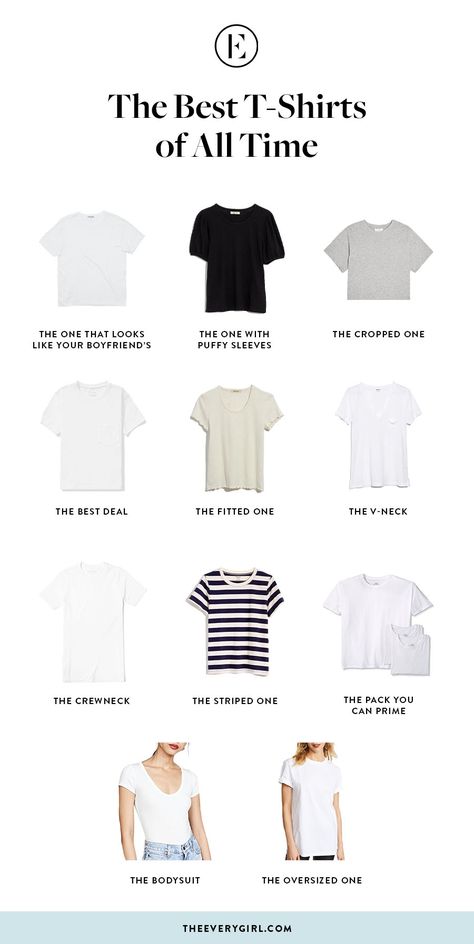 The Best T-Shirts to Have in Your Closet | The Everygirl T Shirt Capsule Wardrobe, How To Dress Like A Minimalist, Must Have Basic Tops For Women, Basic Clothes To Have, Basic Pieces Of Clothing, T Shirts Style Ideas, How To Style Basic Tees, Basic Tees Women, Basic T Shirt Outfit